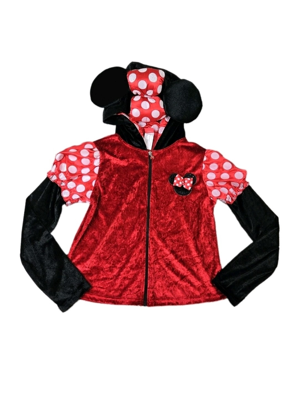 Disney Minnie Mouse Full Zip Hoodie Adult L/XL Red Black Polka Dot 3D Ears Bow